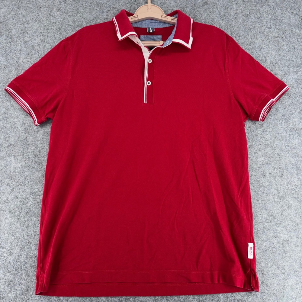 Hugo Boss Vito 19 Red Pima Cotton Regular Fit Polo Shirt Mens XL Tipped Trim
